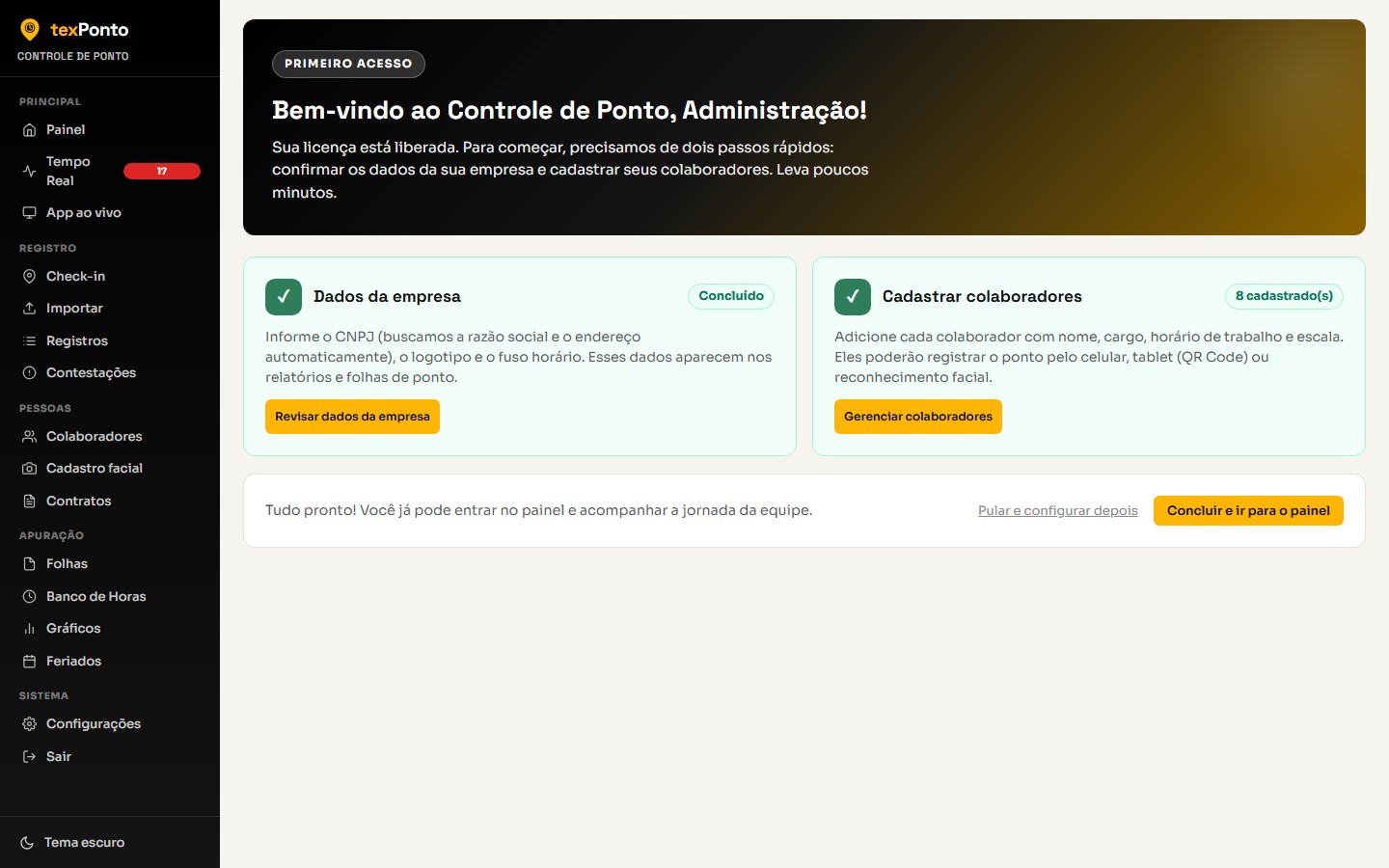 Tela de boas-vindas no primeiro acesso, com os passos de configuração