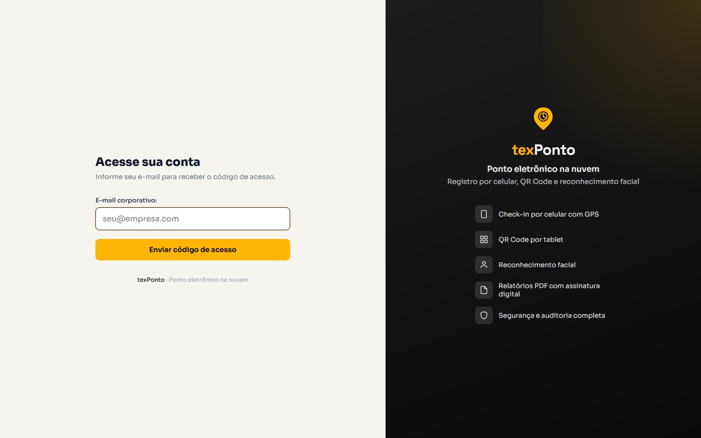 Tela de acesso do sistema, com login por código no e-mail