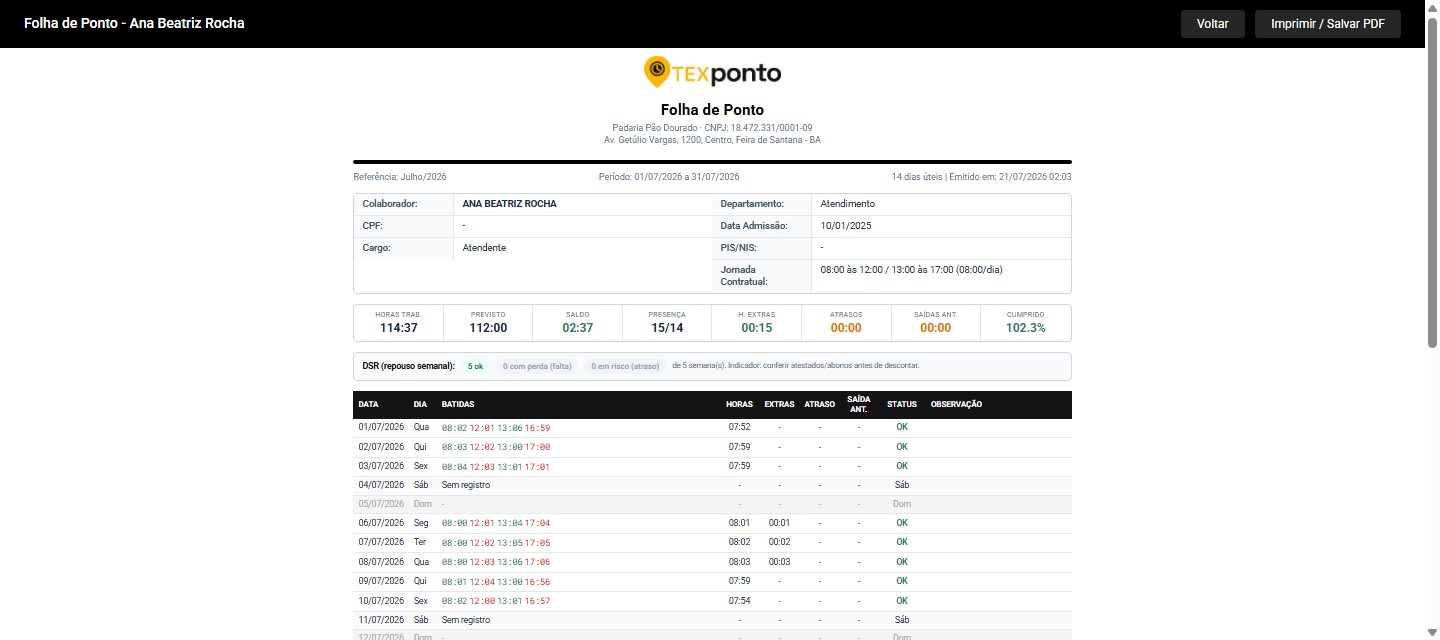 Espelho de ponto por colaborador, com horas, atrasos e status