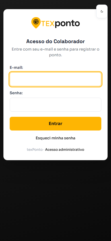 Tela de acesso do colaborador no texPonto pelo celular, com e-mail, senha e a opção Esqueci minha senha