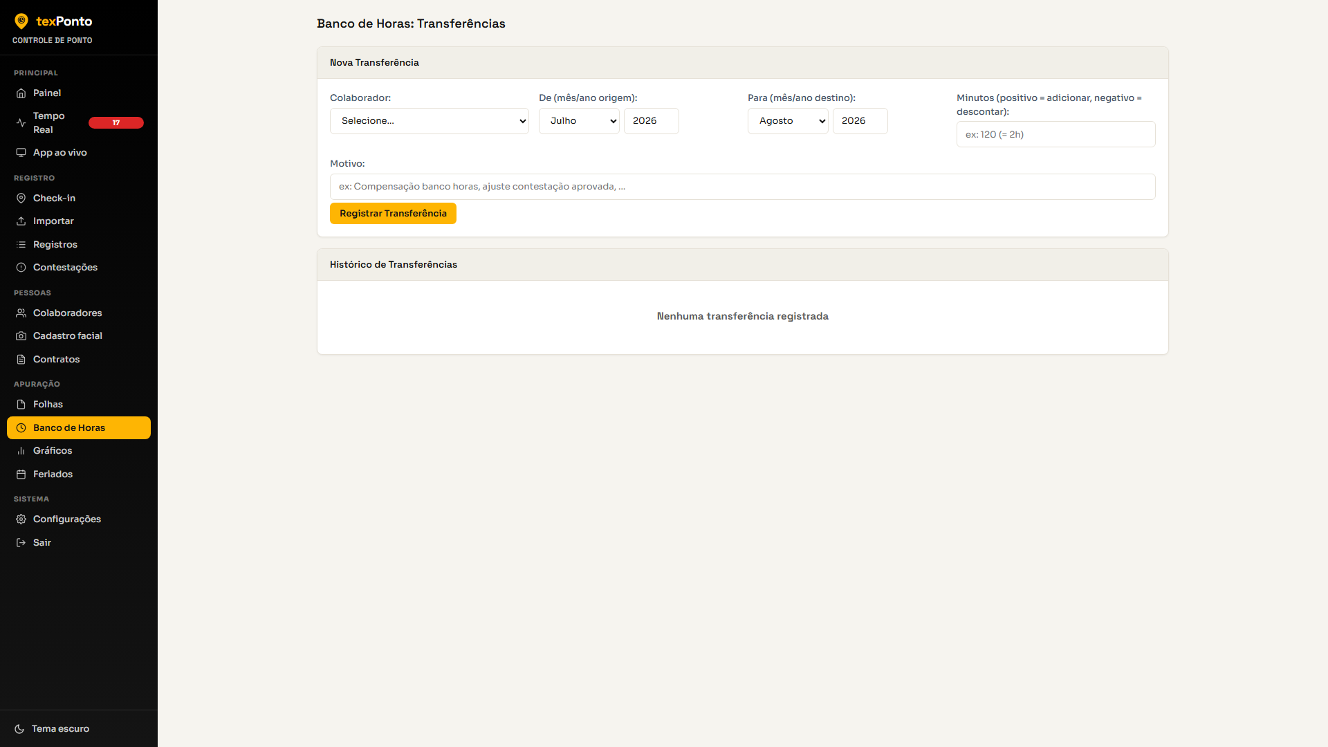 Tela de banco de horas do texPonto no computador, com o saldo por colaborador
