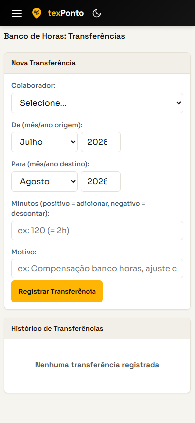 Tela de banco de horas do texPonto no celular