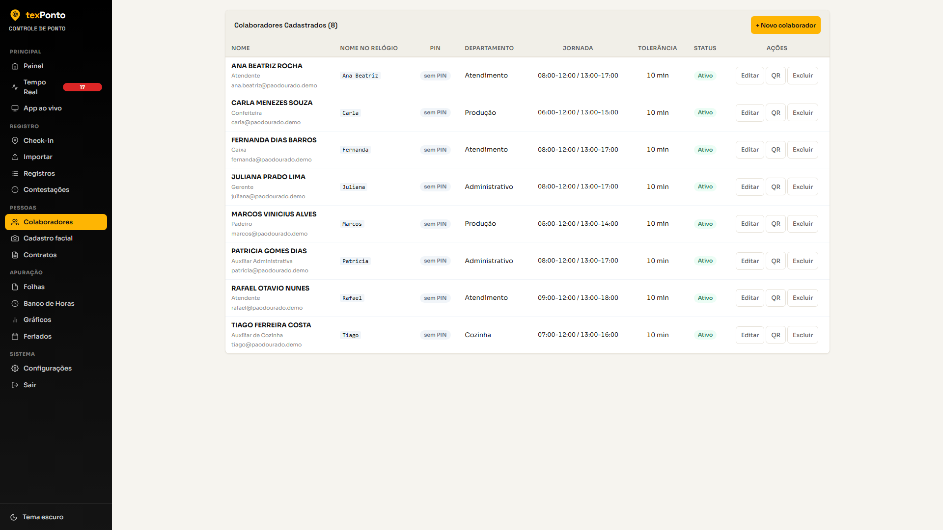 Tela de colaboradores do texPonto no computador, com o cadastro de jornada, escala e papel de acesso