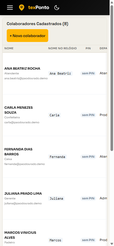Tela de colaboradores do texPonto no celular