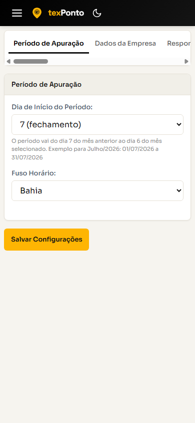 Tela de configurações do texPonto no celular