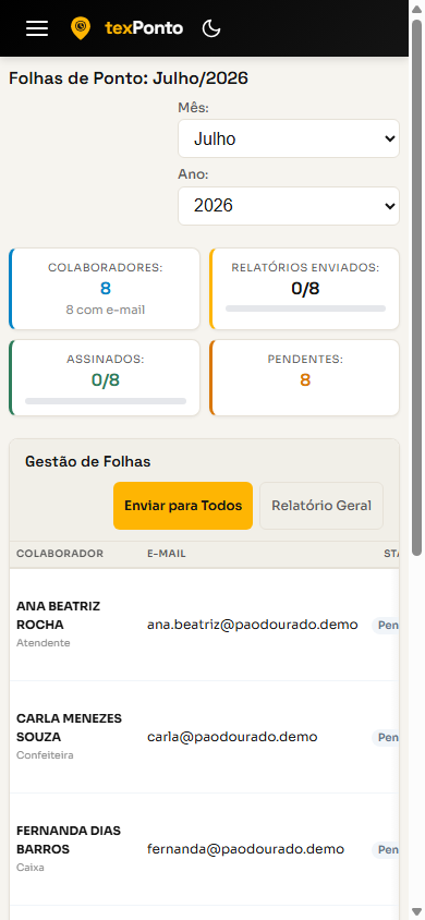Tela de folhas de ponto do texPonto no celular