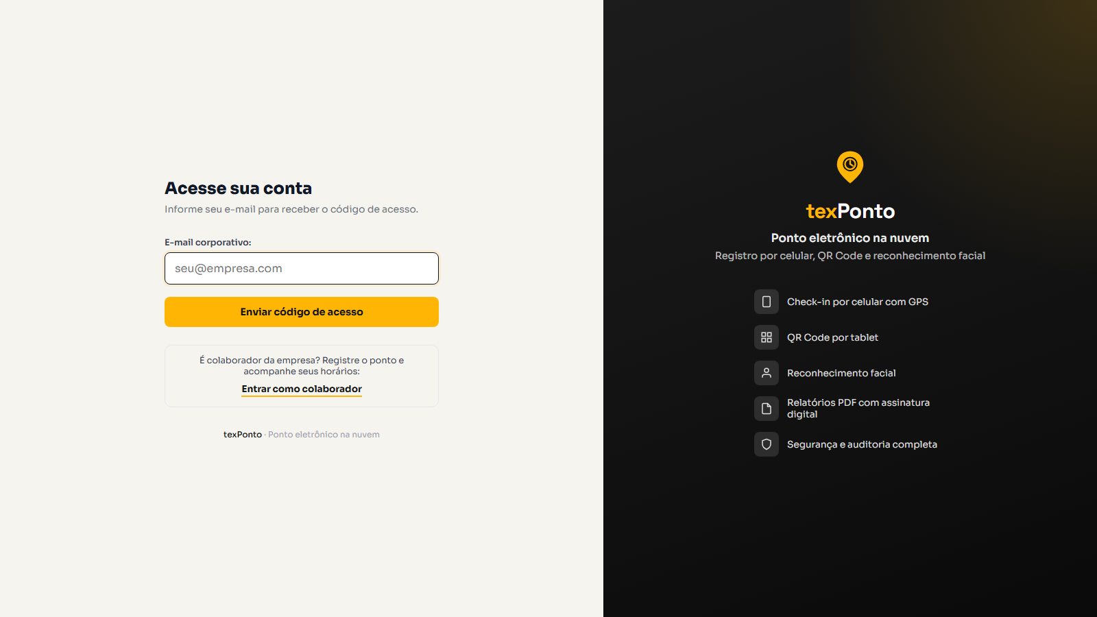 Tela de login do texPonto no computador, com o campo de e-mail corporativo e o atalho Entrar como colaborador