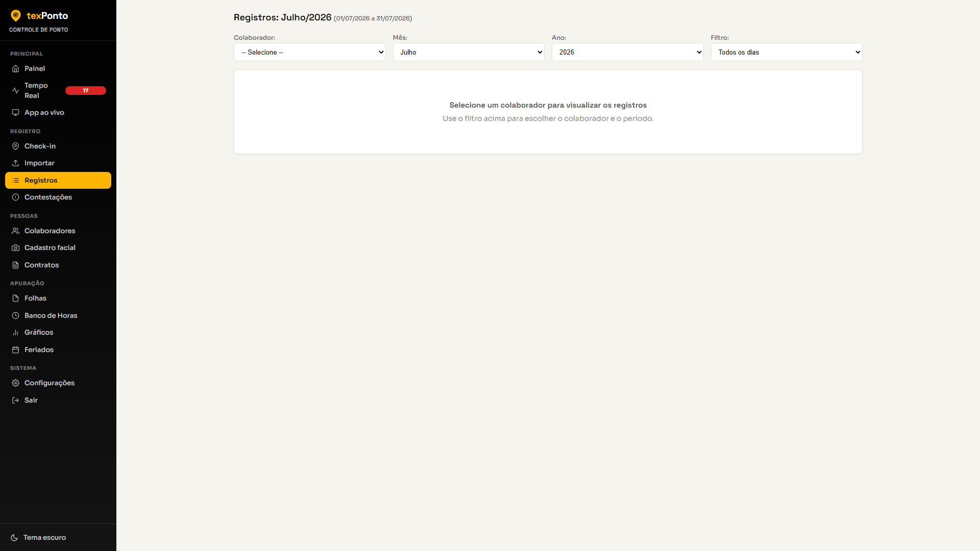 Tela de registros do texPonto no computador, com as batidas do período e os filtros